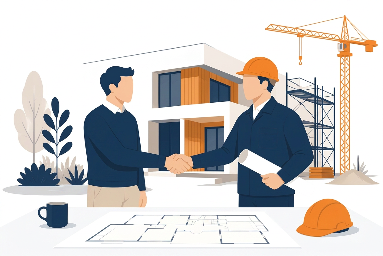 Illustratie van een particuliere bouwheer die de hand schudt van een bouwprofessional bij een moderne woning in aanbouw met bouwplannen